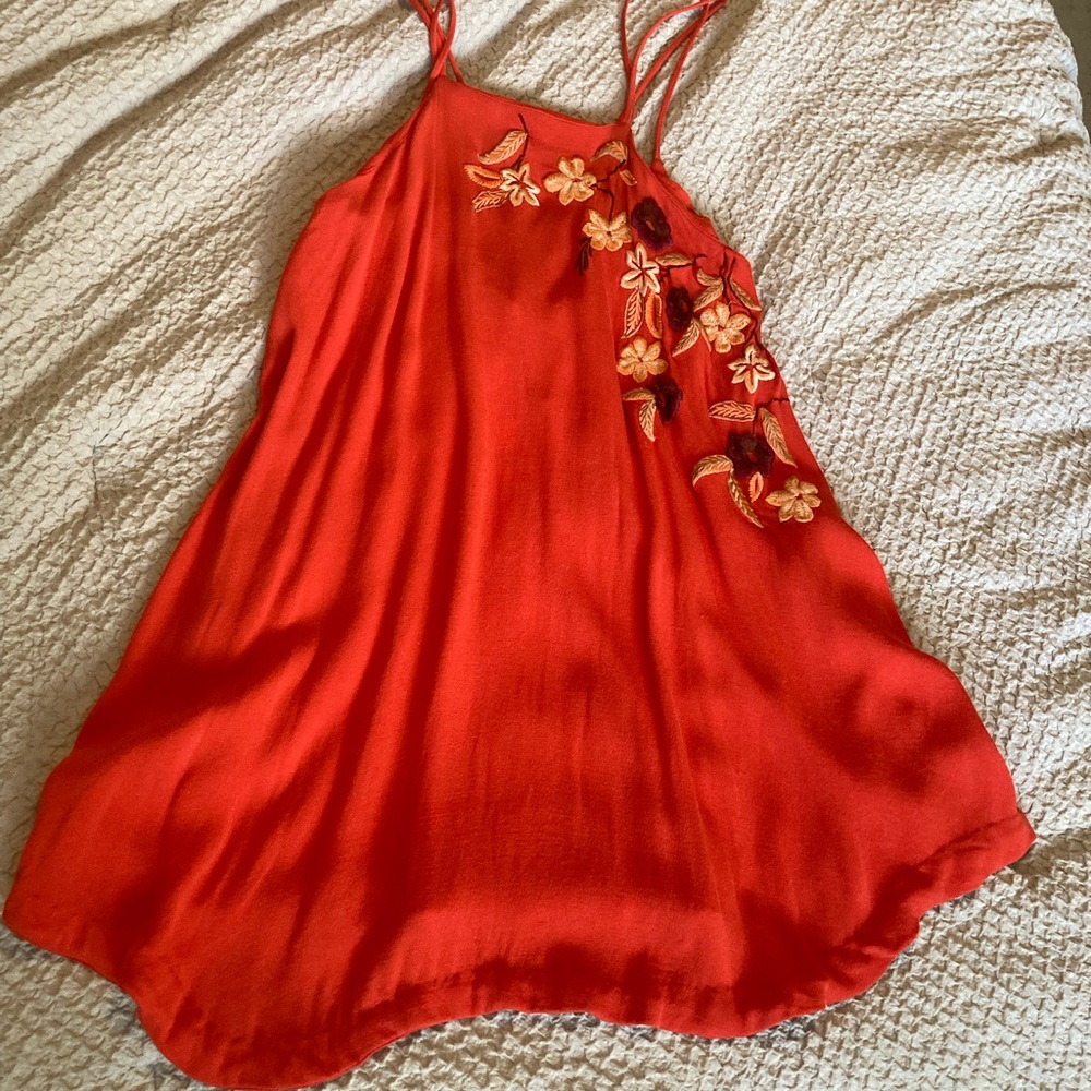 Free people orangey red mini dress embroidered flowers small